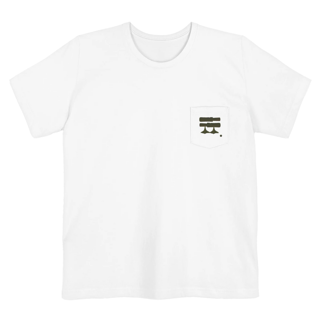 A white Old Skool Camo Duck Hunting Retriever Classic Pocket T-Shirt that shows a FREEBRD duck hunter logo decal with two duck calls, mallard duck feet and a shotgun shell casing on the left front pocket.