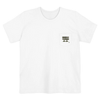 A white Old Skool Camo Duck Hunting Retriever Classic Pocket T-Shirt that shows a FREEBRD duck hunter logo decal with two duck calls, mallard duck feet and a shotgun shell casing on the left front pocket.