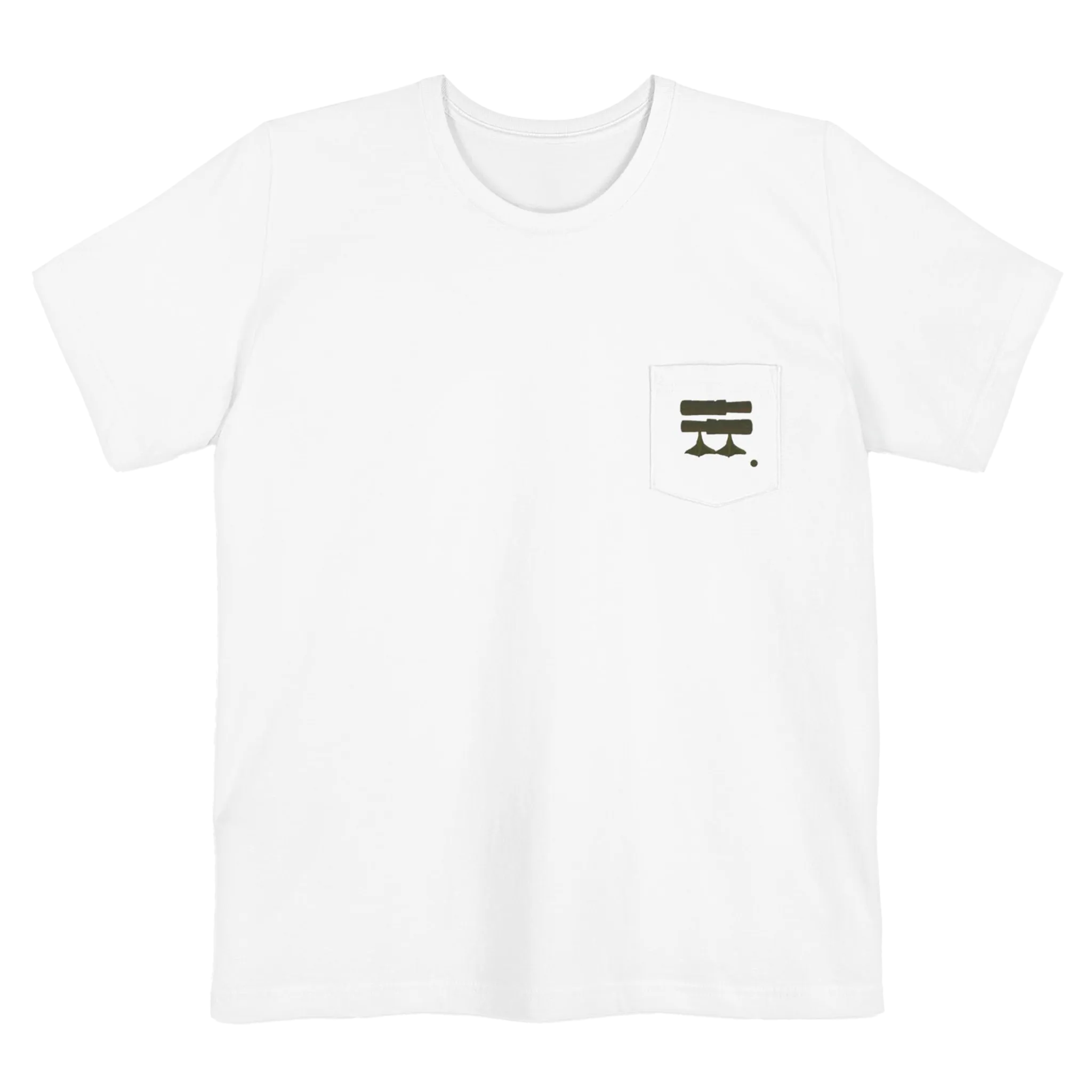 A white Old Skool Camo Duck Hunting Retriever Classic Pocket T-Shirt that shows a FREEBRD duck hunter logo decal with two duck calls, mallard duck feet and a shotgun shell casing on the left front pocket.