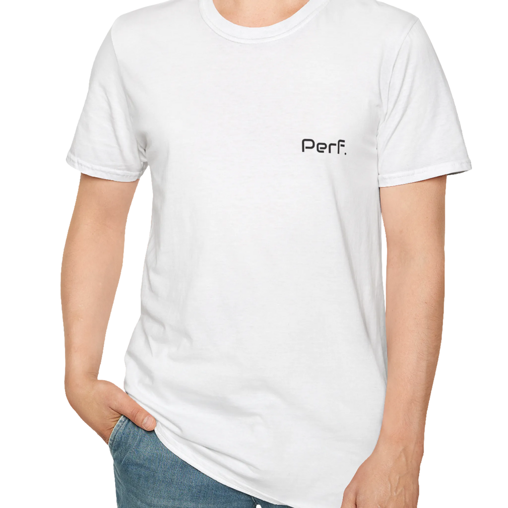 A person wearing the white perf retro graphic t-shirt in an outfit styling.