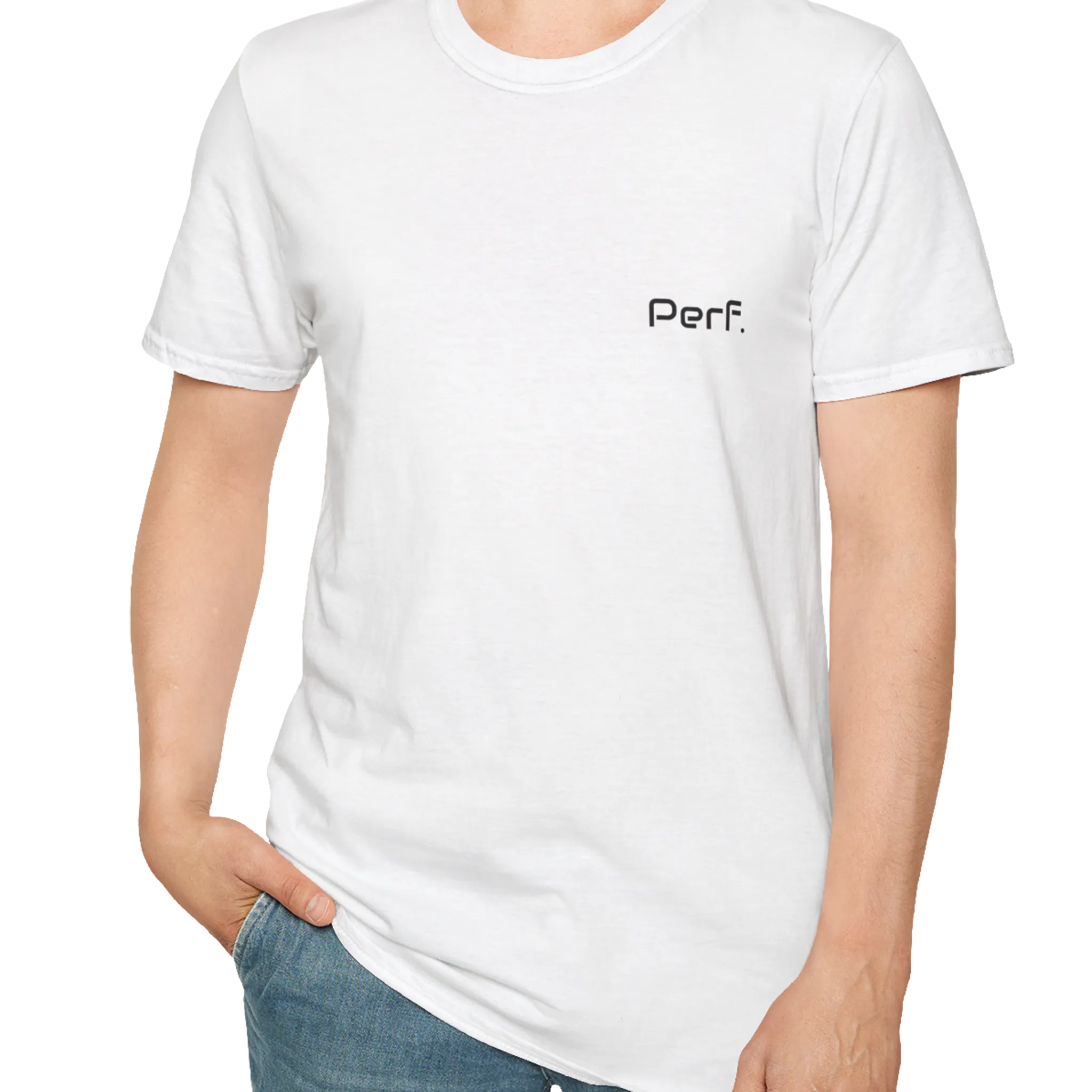 A person wearing the white perf retro graphic t-shirt in an outfit styling.