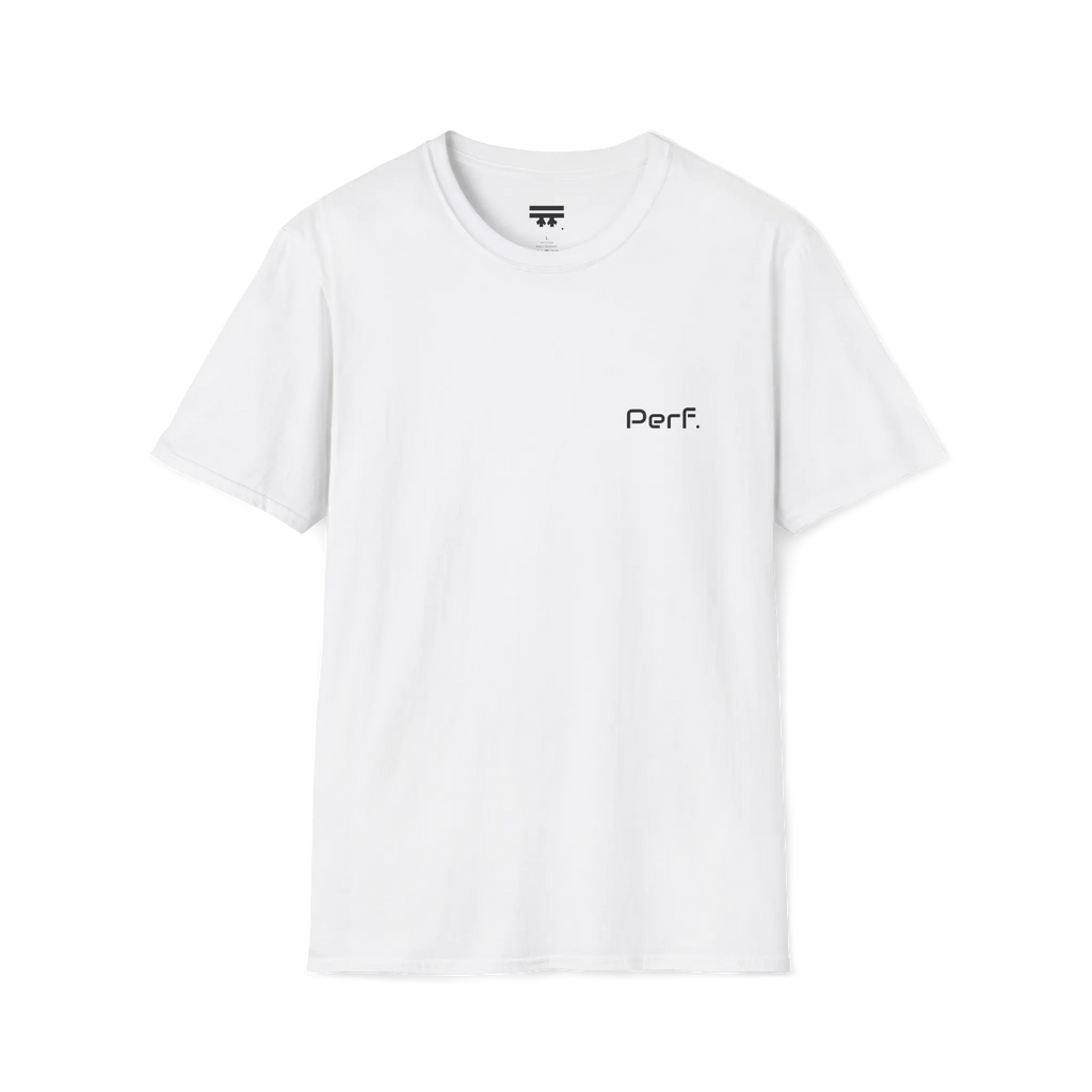 A white perf retro graphic t-shirt featuring a bold 'Perf' graphic on the chest, front view