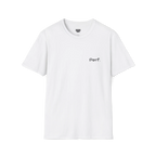 A white perf retro graphic t-shirt featuring a bold 'Perf' graphic on the chest, front view