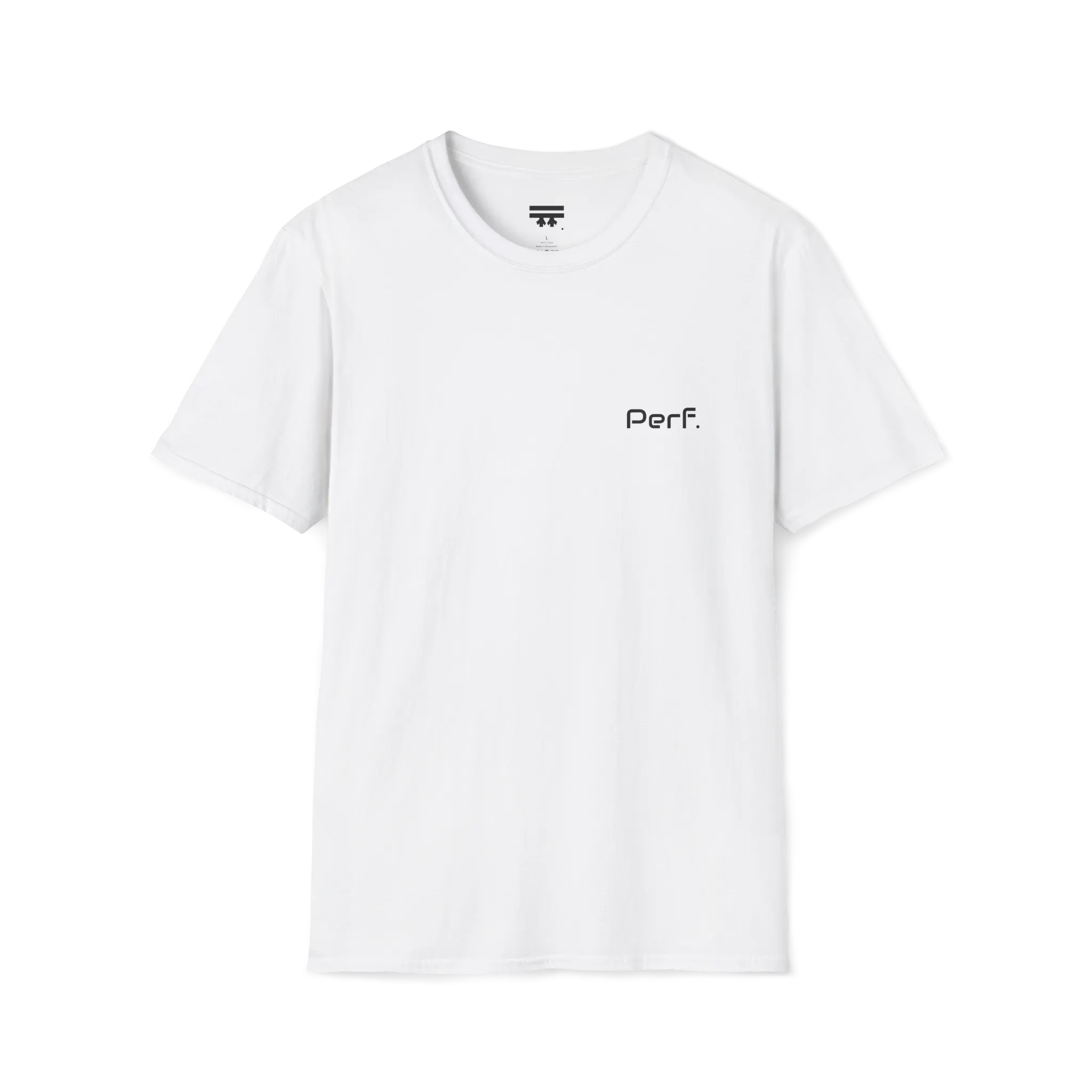 A white perf retro graphic t-shirt featuring a bold 'Perf' graphic on the chest, front view
