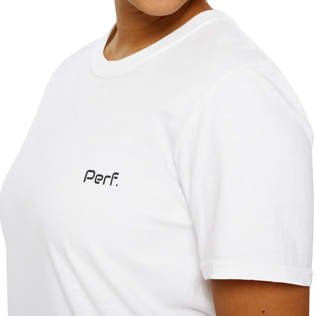 A close-up front view of the white perf retro graphic t-shirt.