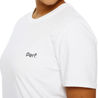 A close-up front view of the white perf retro graphic t-shirt.