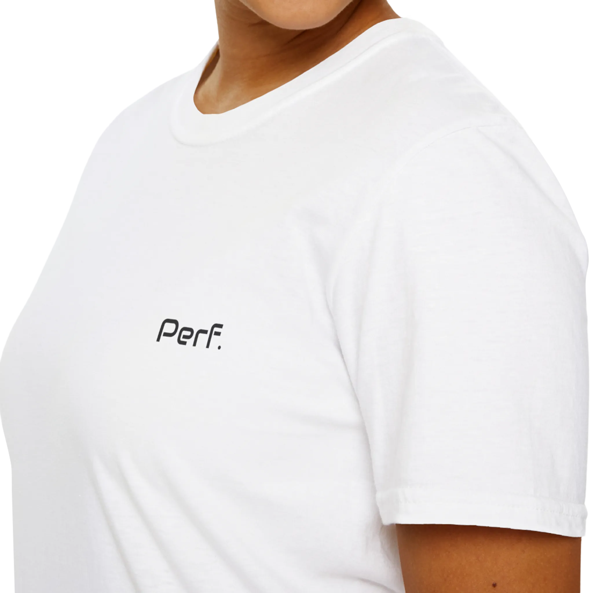 A close-up front view of the white perf retro graphic t-shirt.