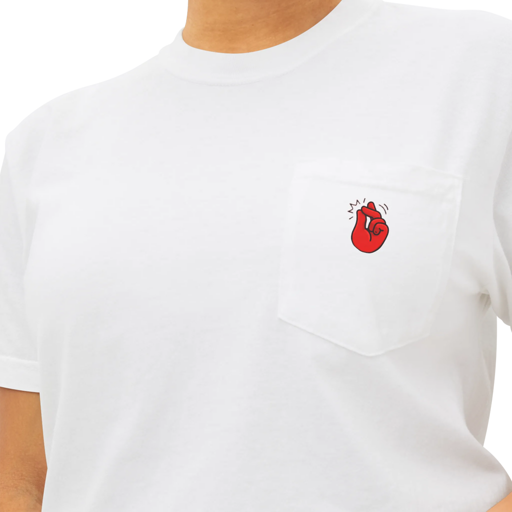 A person wearing the white clock it pocket t-shirt with a red Clock It Motif on front left chest pocket shown up close.