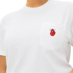 A person wearing the white clock it pocket t-shirt with a red Clock It Motif on front left chest pocket shown up close.