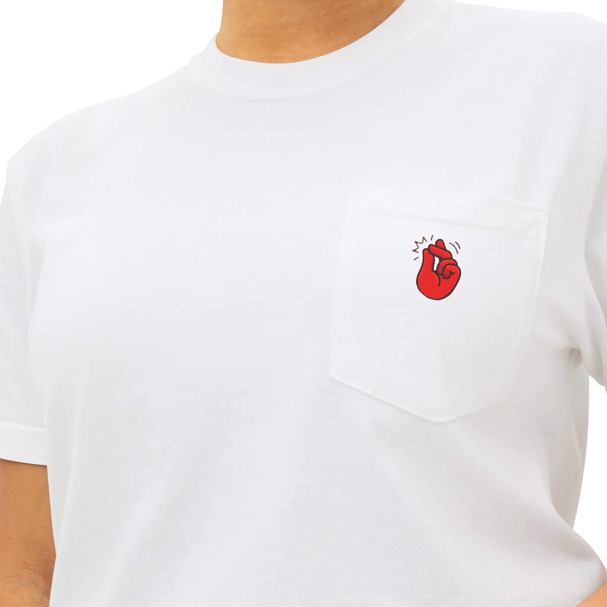A person wearing the white clock it pocket t-shirt with a red Clock It Motif on front left chest pocket shown up close.