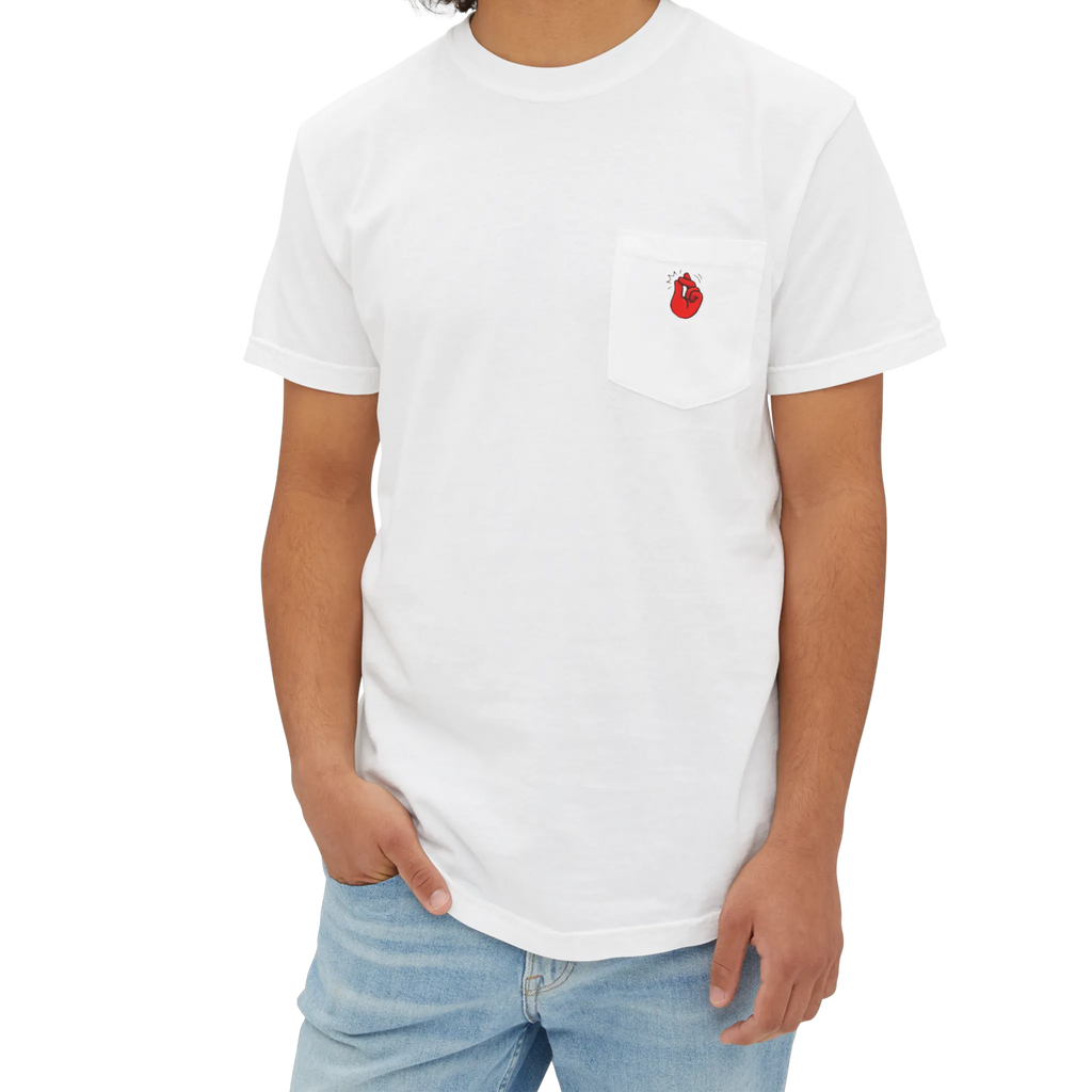 A person wearing the white clock it pocket t-shirt with a red Clock It Motif on front left chest pocket.