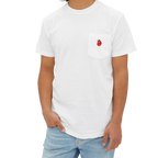 A person wearing the white clock it pocket t-shirt with a red Clock It Motif on front left chest pocket.