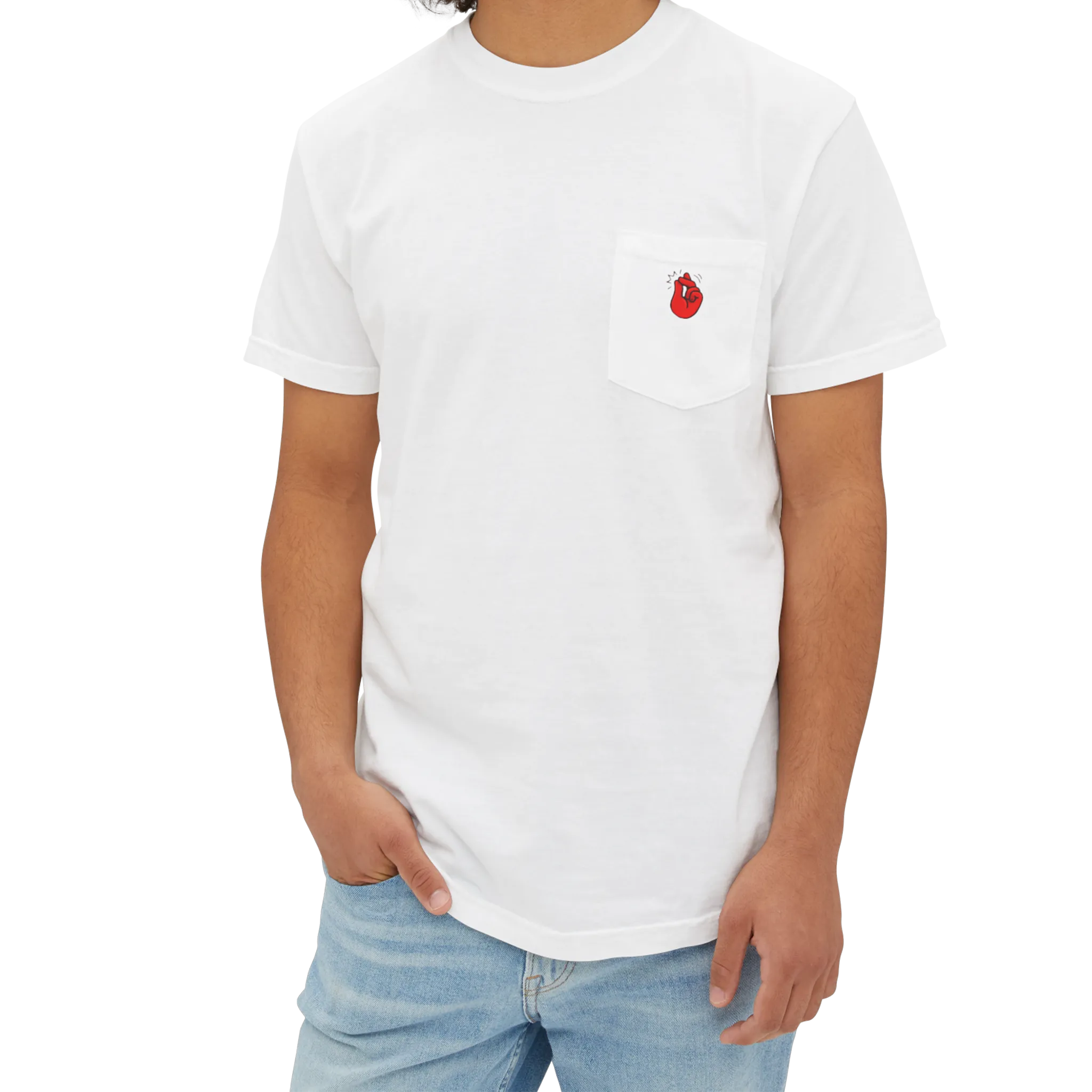 A person wearing the white clock it pocket t-shirt with a red Clock It Motif on front left chest pocket.
