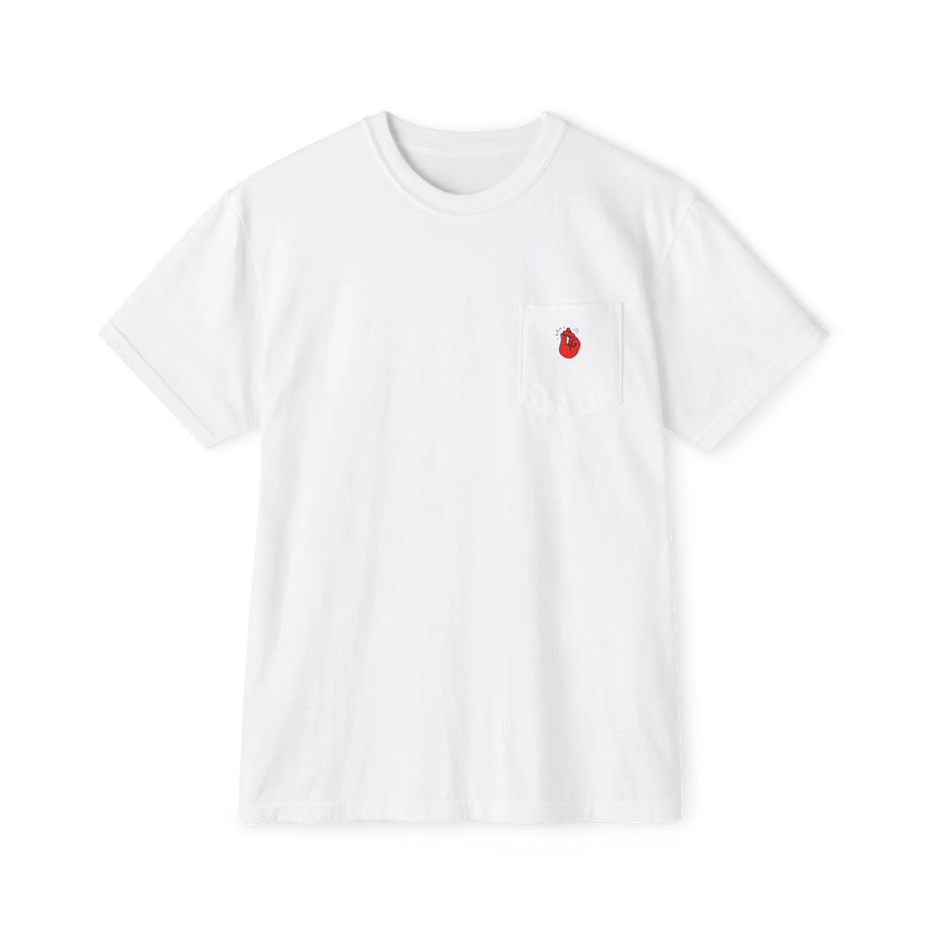 A front preview of the white clock it pocket t-shirt with a red Clock It Motif on front left chest pocket.