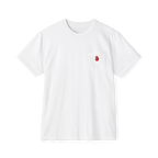 A front preview of the white clock it pocket t-shirt with a red Clock It Motif on front left chest pocket.