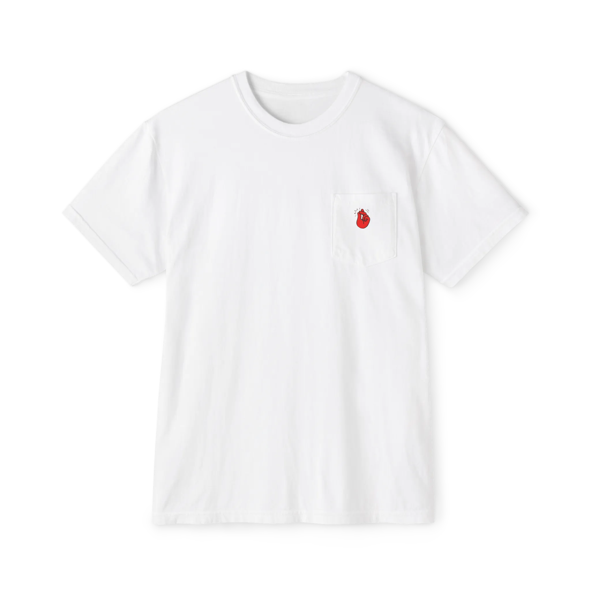 A front preview of the white clock it pocket t-shirt with a red 'Clock It' Motif on front left chest pocket.