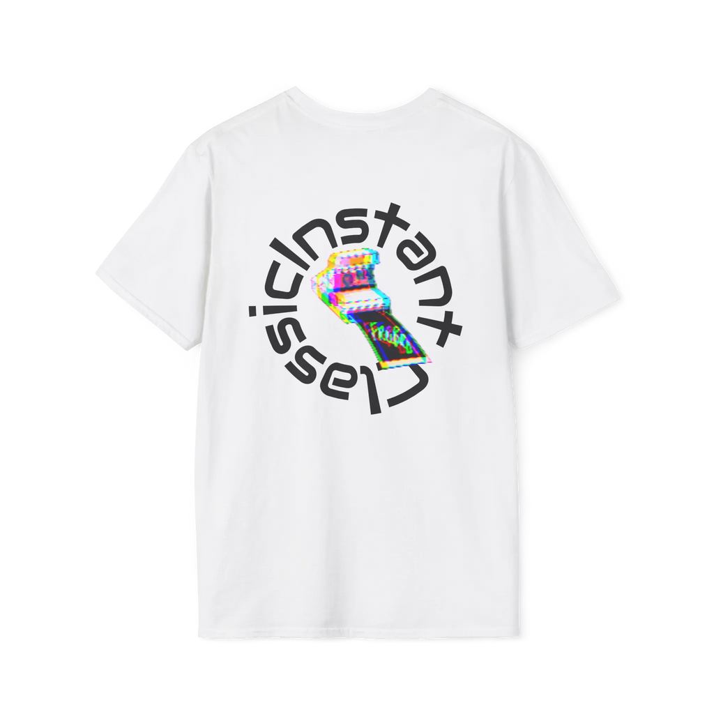 A white t-shirt featuring a glitch art polaroid camera with Instant Classic circular text graphic on the back.