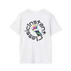 A white t-shirt featuring a glitch art polaroid camera with Instant Classic circular text graphic on the back.