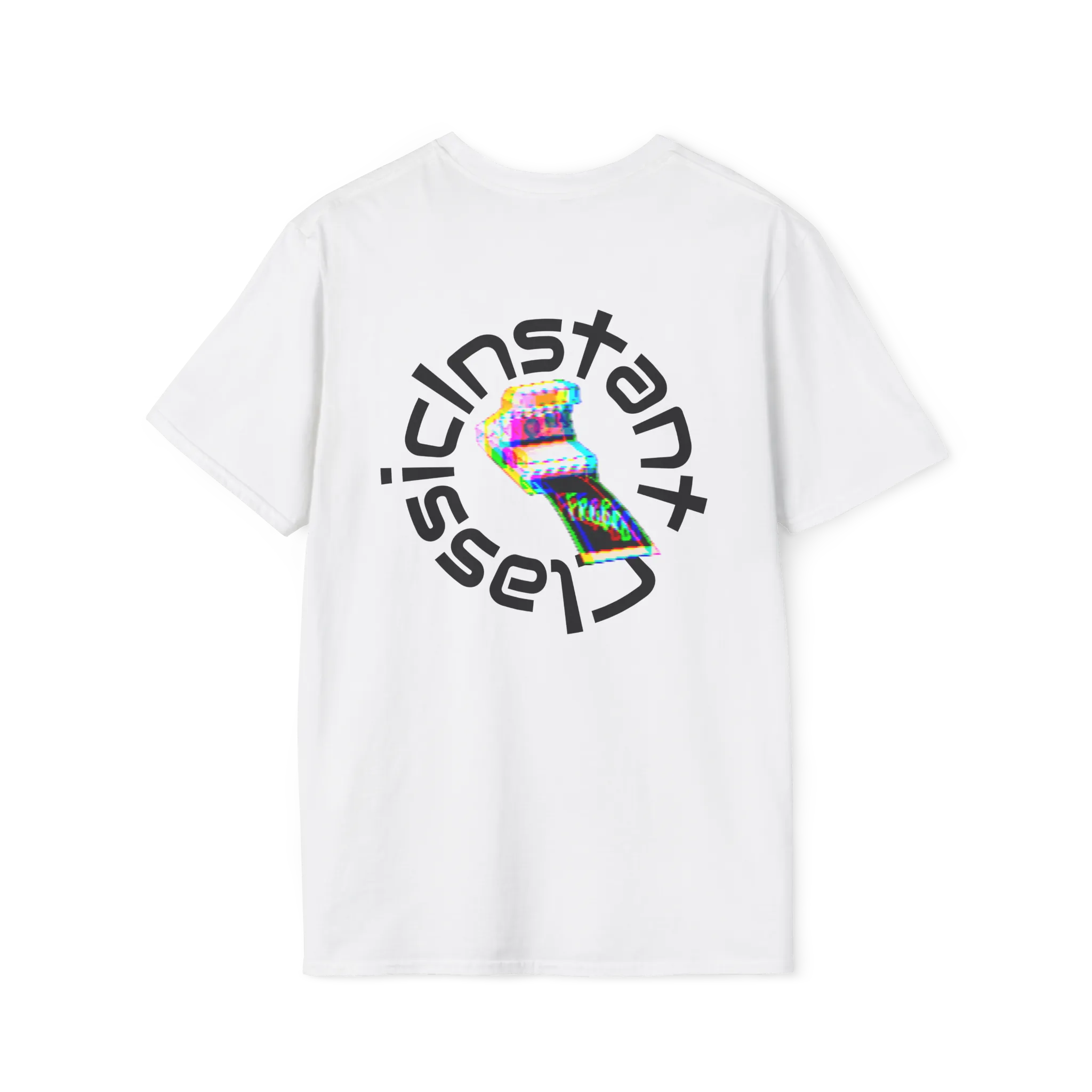 A white t-shirt featuring a glitch art polaroid camera with Instant Classic circular text graphic on the back.