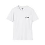 A white t-shirt with a white Vibe wordmark on the left chest.