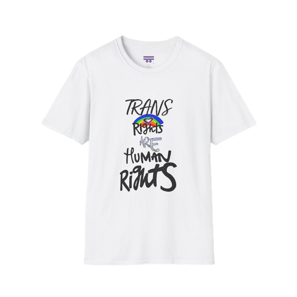 A white Trans Rights Are Human Rights T-Shirt — hand-lettered rainbow graphic, front preview — LGBTQ pride tee.