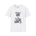 A white Trans Rights Are Human Rights T-Shirt — hand-lettered rainbow graphic, front preview — LGBTQ pride tee.