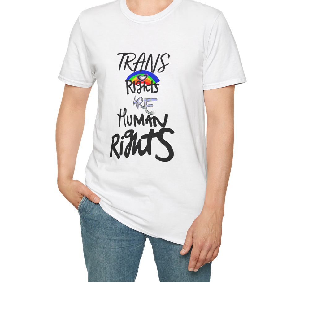 A person wearing the white Trans Rights Are Human Rights T-Shirt — hand-lettered rainbow graphic, front preview — LGBTQ pride tee.