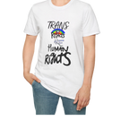 A person wearing the white Trans Rights Are Human Rights T-Shirt — hand-lettered rainbow graphic, front preview — LGBTQ pride tee.