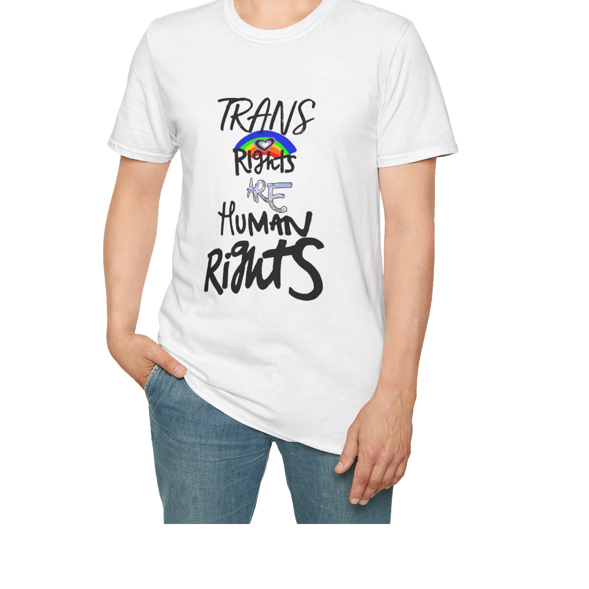 A person wearing the white Trans Rights Are Human Rights T-Shirt — hand-lettered rainbow graphic, front preview — LGBTQ pride tee.