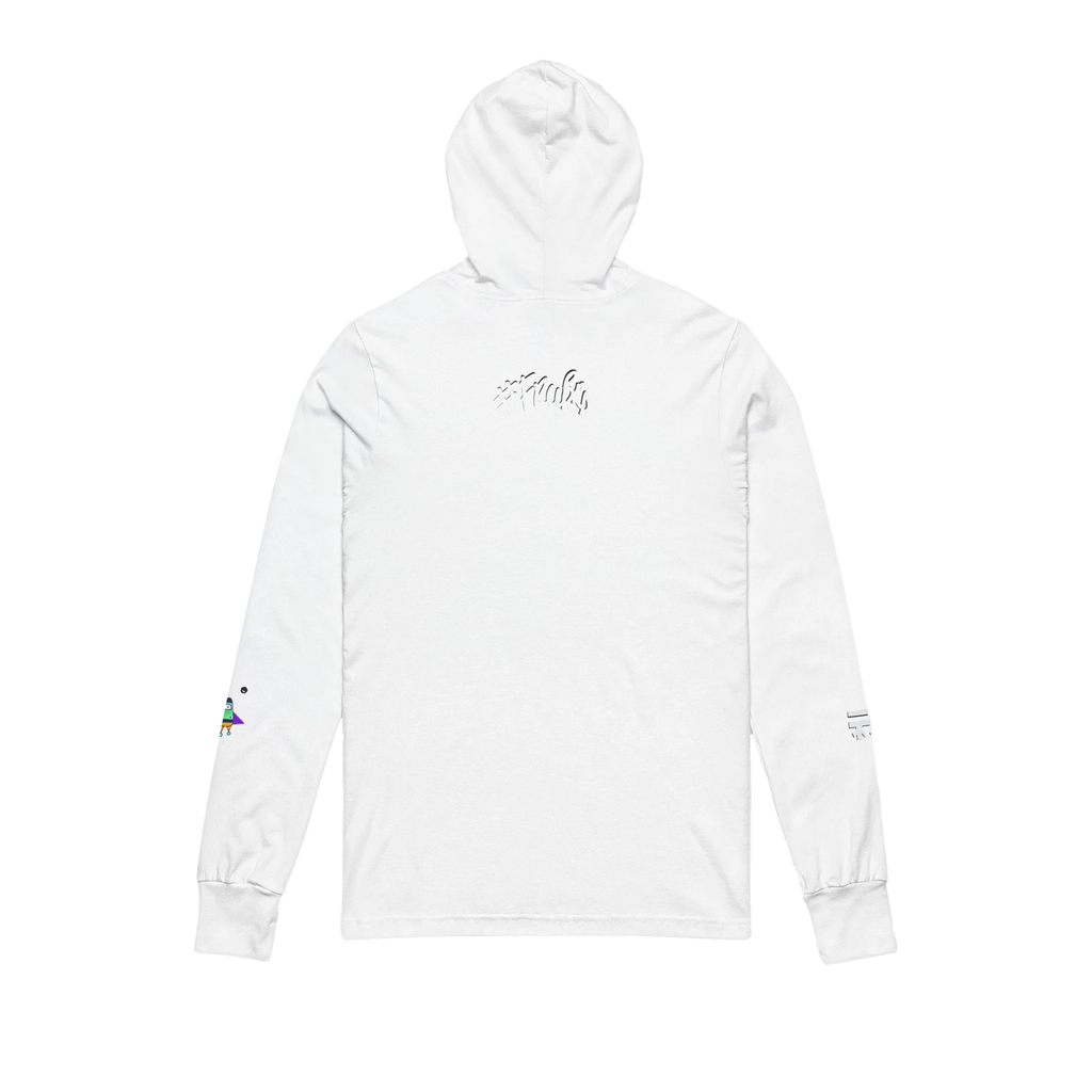 White hooded long sleeve tee, white FREEBRD script back graphic, space flight alien astronaut sleeve detail, back view.