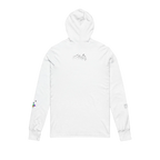White hooded long sleeve tee, white FREEBRD script back graphic, space flight alien astronaut sleeve detail, back view.