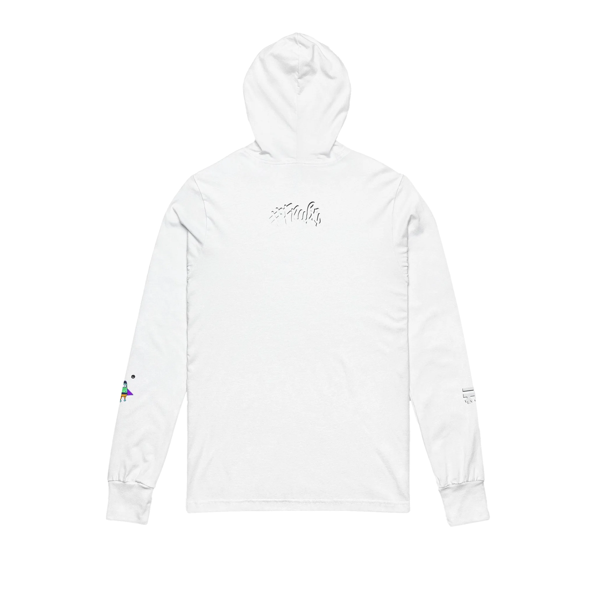White hooded long sleeve tee, white FREEBRD script back graphic, space flight alien astronaut sleeve detail, back view.