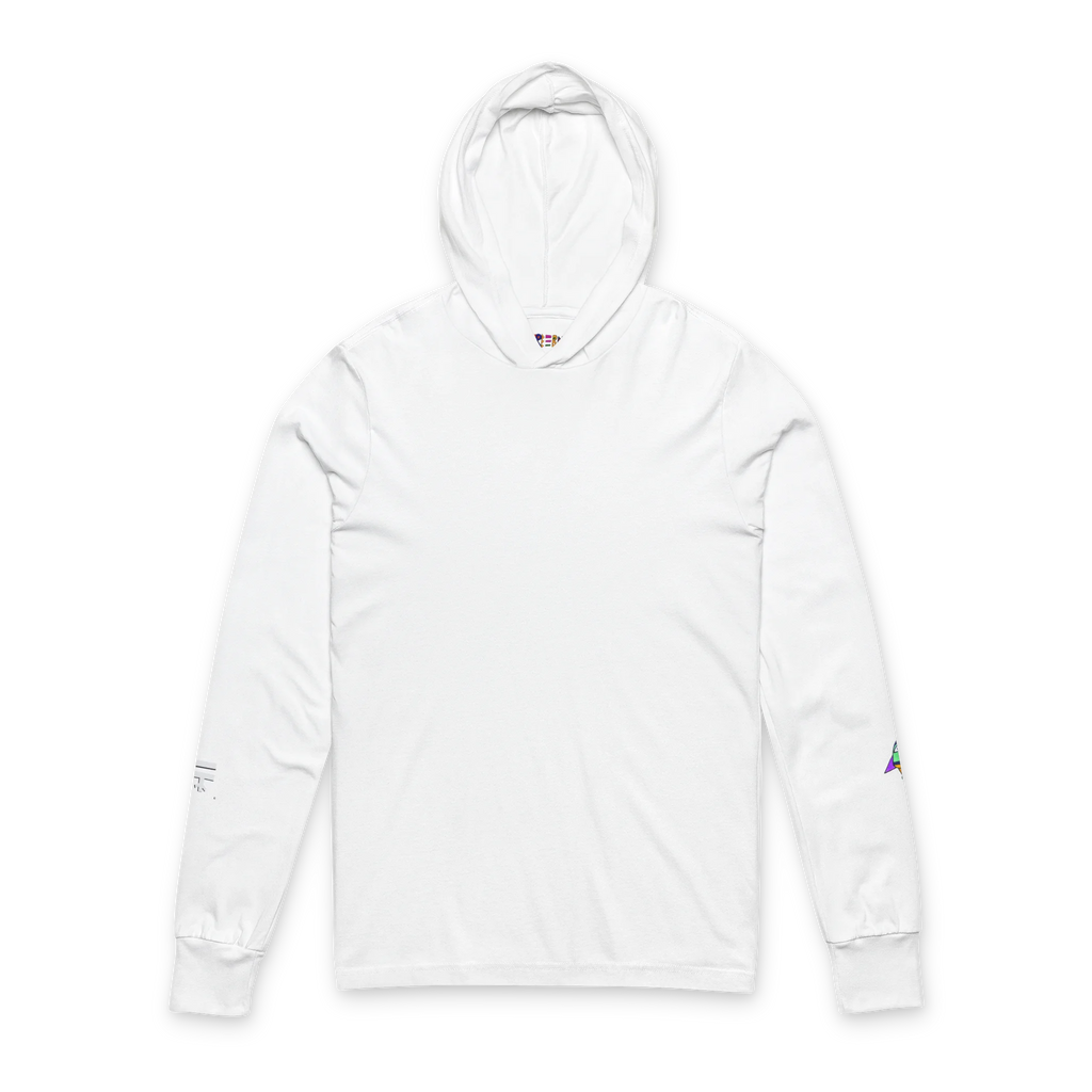 White hooded long sleeve tee, crossover V-neckline, space flight graphic on left sleeve, FREEBRD icon on right sleeve, front view.