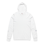 White hooded long sleeve tee, crossover V-neckline, space flight graphic on left sleeve, FREEBRD icon on right sleeve, front view.