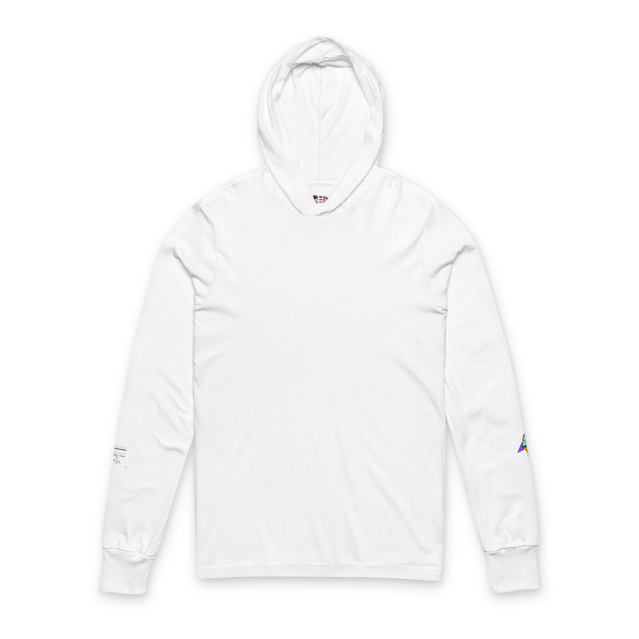 White hooded long sleeve tee, crossover V-neckline, space flight graphic on left sleeve, FREEBRD icon on right sleeve, front view.