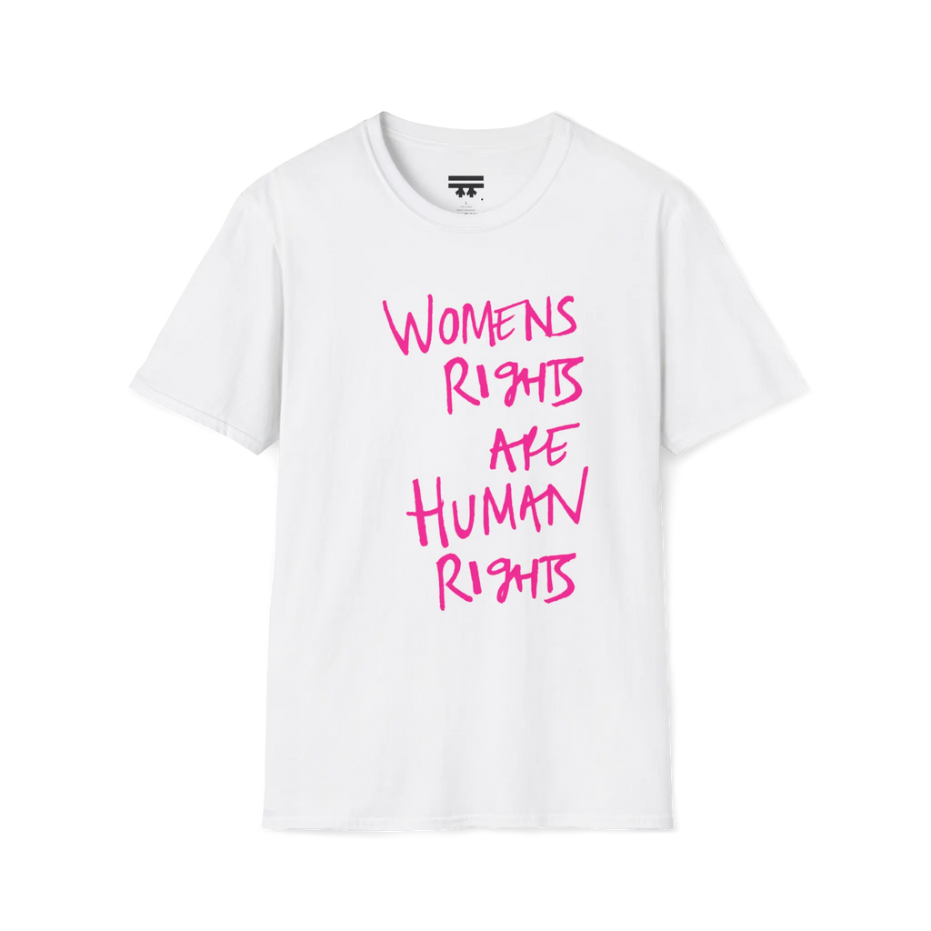 A front view of the white women's rights are human rights t-shirt.
