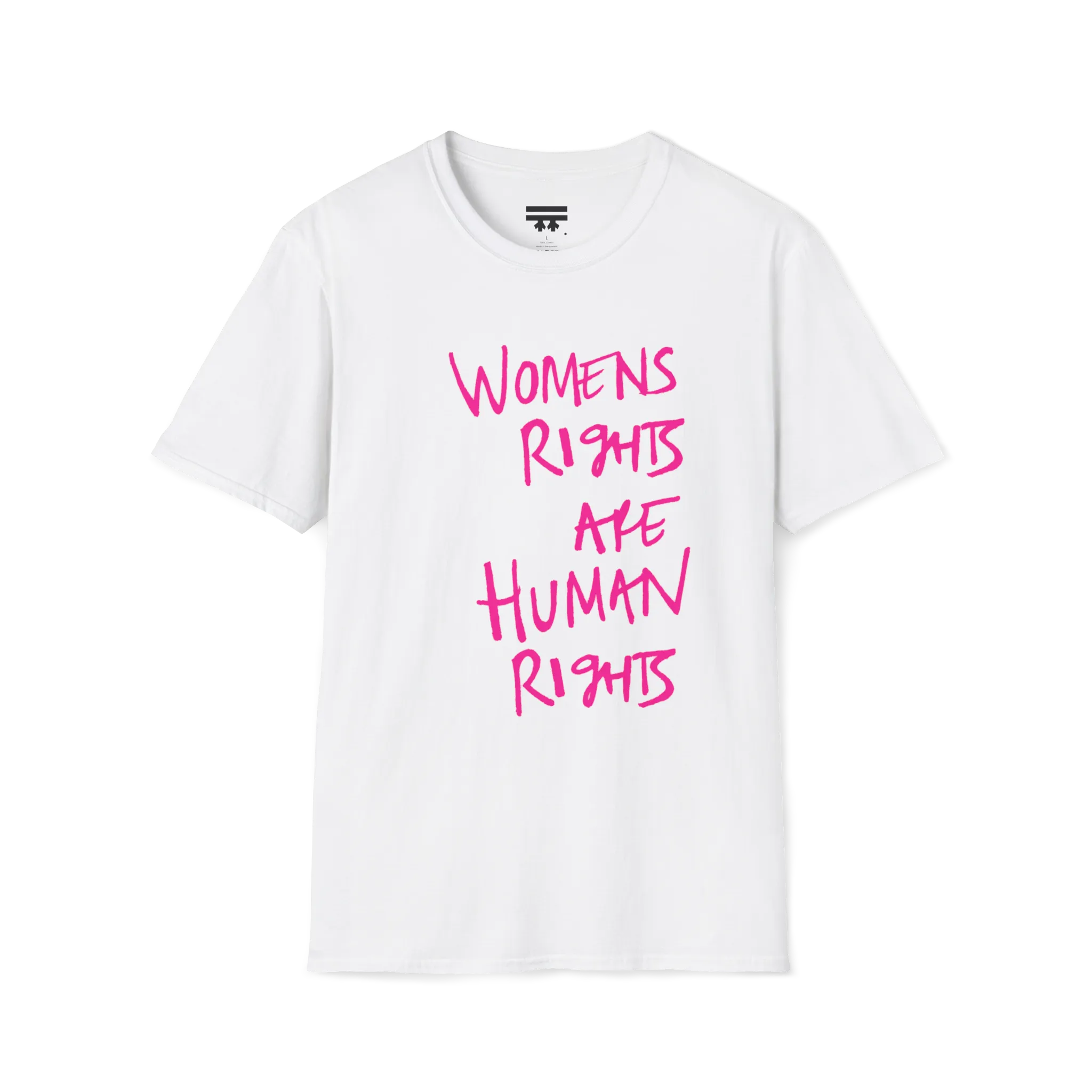 A front view of the white women's rights are human rights t-shirt.