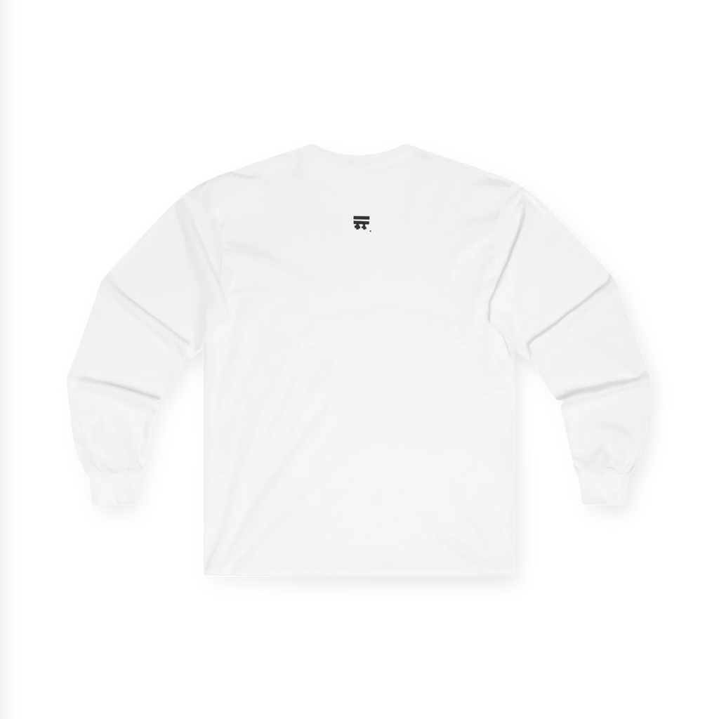 White Women's Rights long sleeve tee, handwritten Womens Rights Are Human Rights graphic, crew neck, back view.