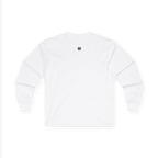 White Women's Rights long sleeve tee, handwritten Womens Rights Are Human Rights graphic, crew neck, back view.