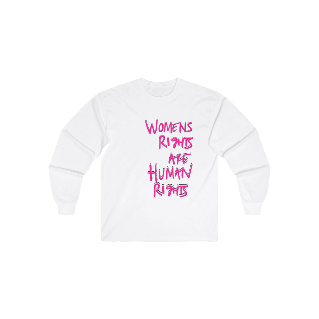 White Women's Rights long sleeve tee, handwritten Womens Rights Are Human Rights graphic, crew neck, front view.