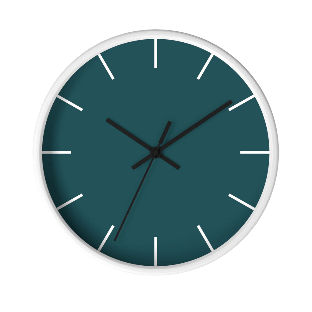 Abstract teal silent wall clock, white base, black hands, white markers, 10 inch, front view.