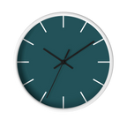 Abstract teal silent wall clock, white base, black hands, white markers, 10 inch, front view.