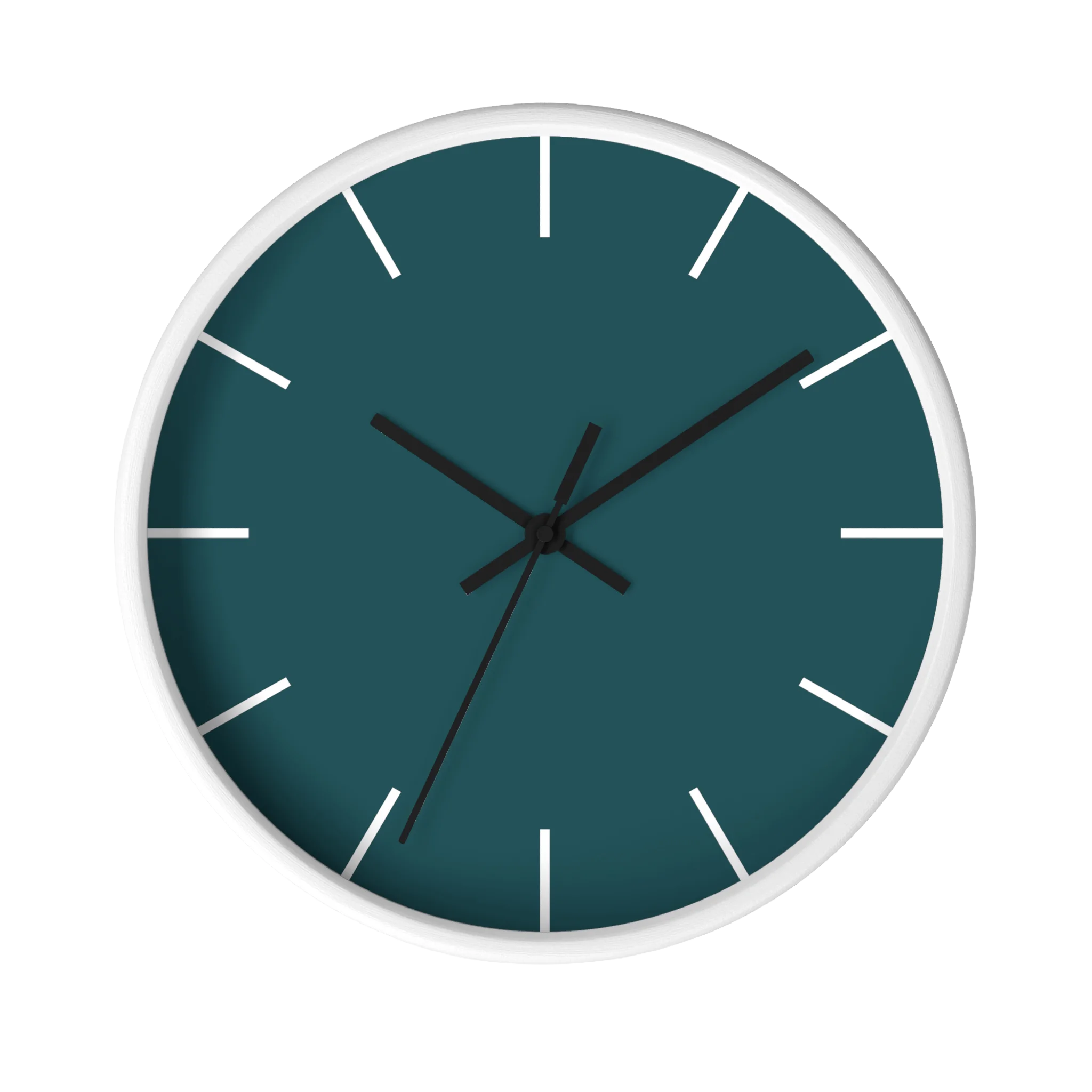 Abstract teal silent wall clock, white base, black hands, white markers, 10 inch, front view.