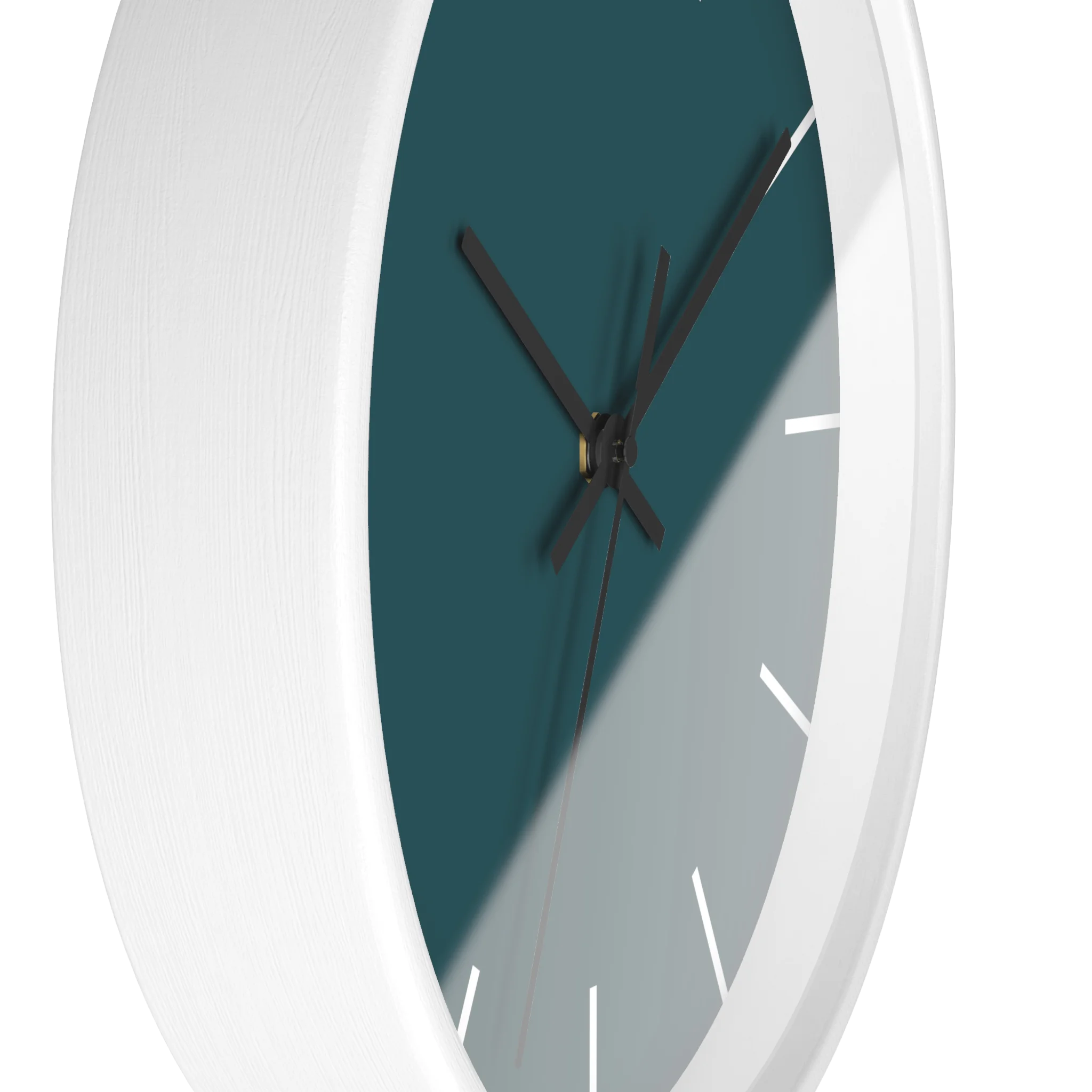 Abstract teal silent wall clock, white base, black hands, white markers, 10 inch, side view.