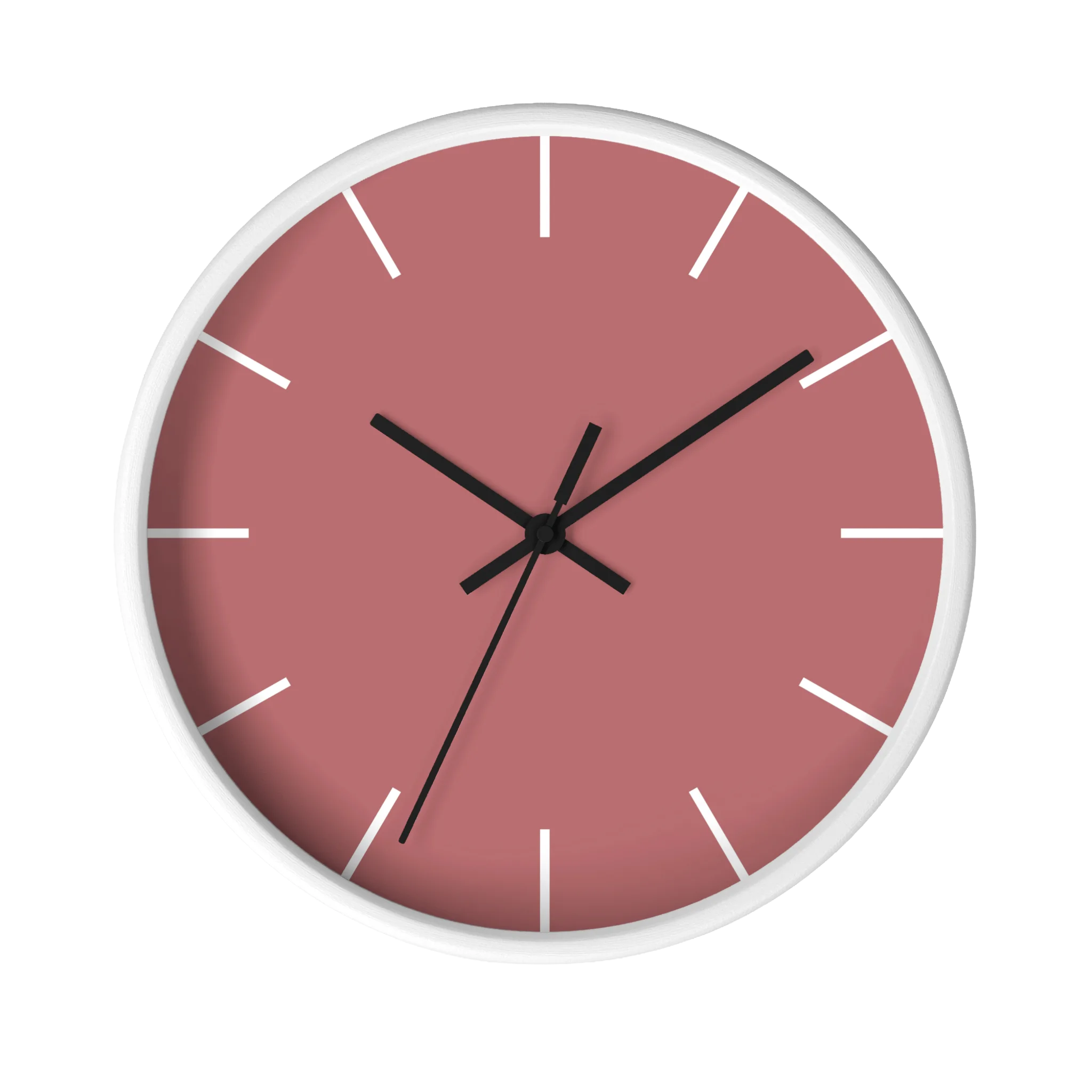 Adore pink silent wall clock, white base, black hands, white markers, 10 inch, front view.