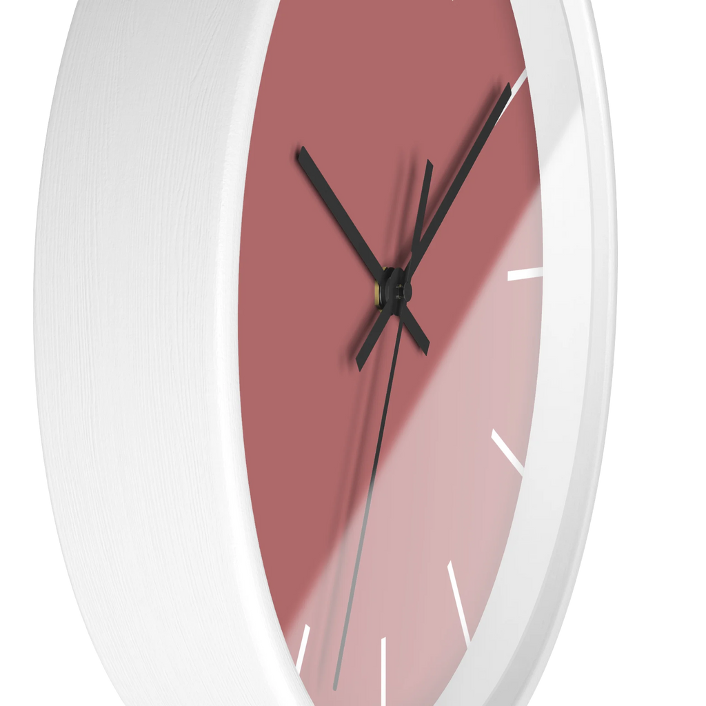Adore pink silent wall clock, white base, black hands, white markers, 10 inch, side view.