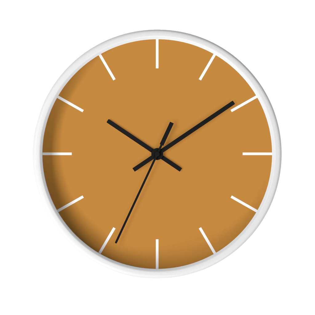 Amber apple cider silent wall clock, white base, black hands, white markers, 10 inch, front view.