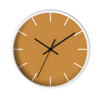 Amber apple cider silent wall clock, white base, black hands, white markers, 10 inch, front view.