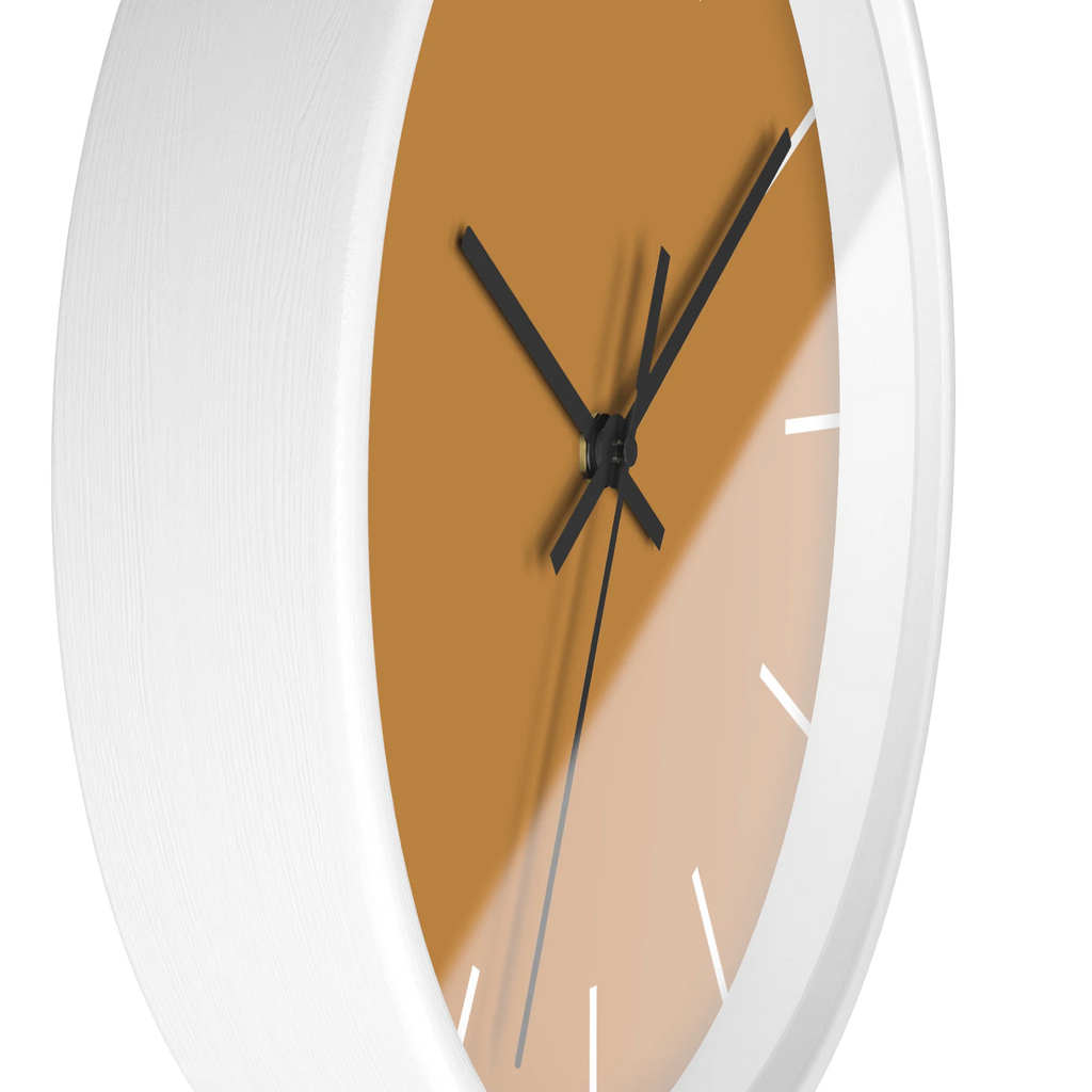 Amber apple cider silent wall clock, white base, black hands, black markers, 10 inch, side view.
