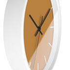 Amber apple cider silent wall clock, white base, black hands, black markers, 10 inch, side view.